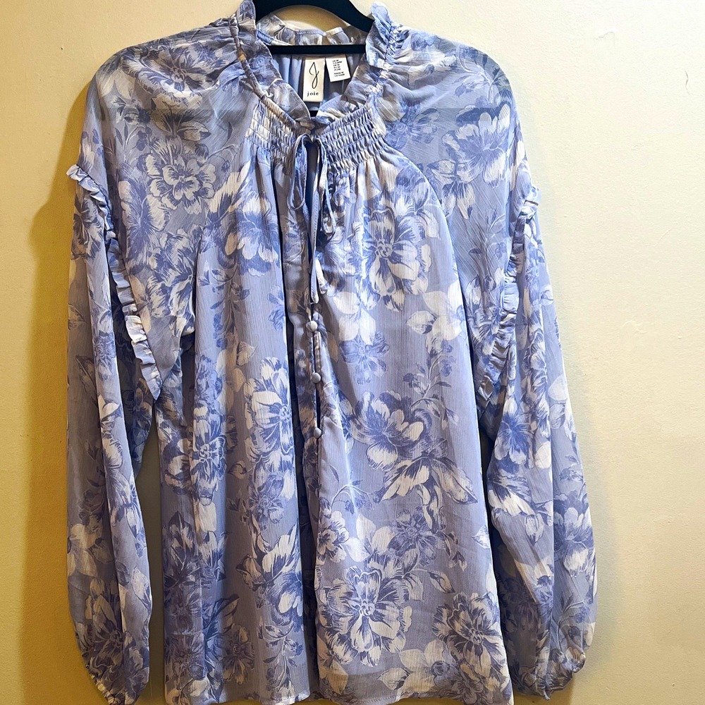 Joie Women's M Blue/White Floral Chiffon High Neck Tie Ruffle Blouse